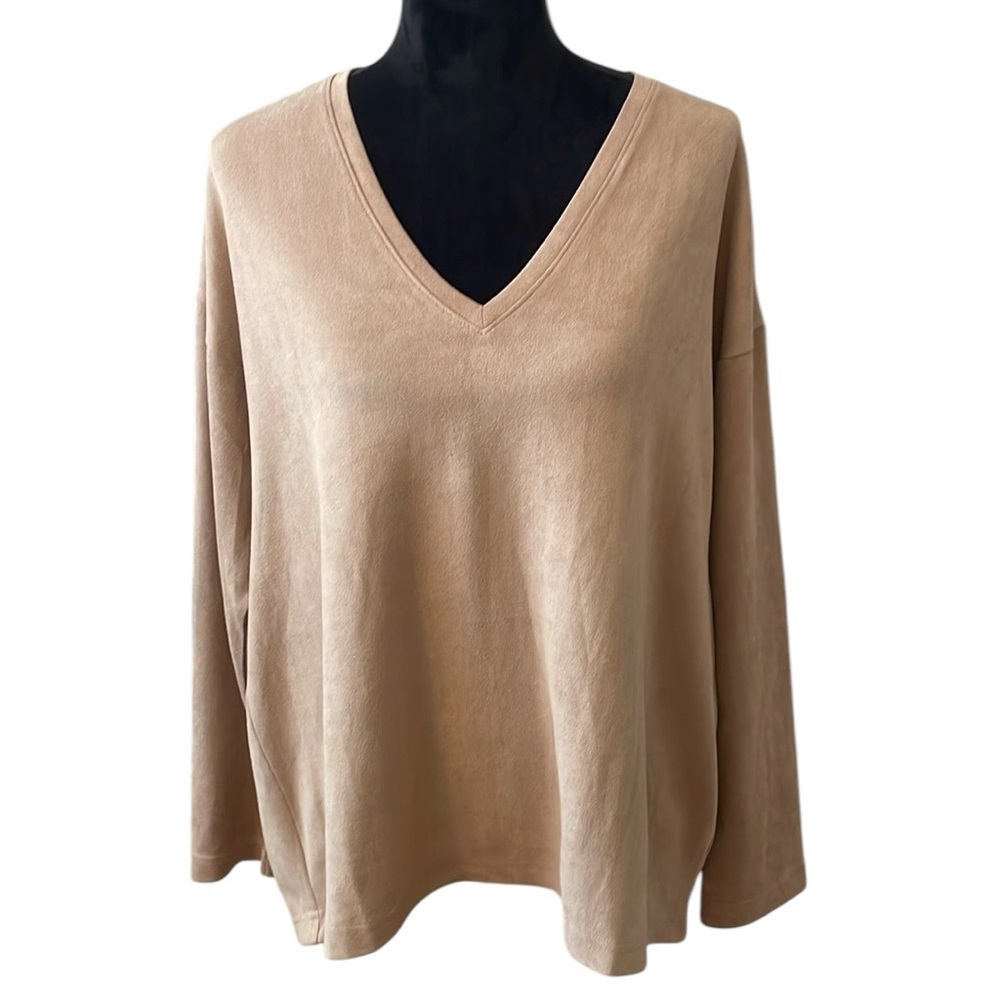 Joh Tan Beige Faux Suede‎ Casual Boho Country Long Sleeve Blouse Shirt Sz Medium